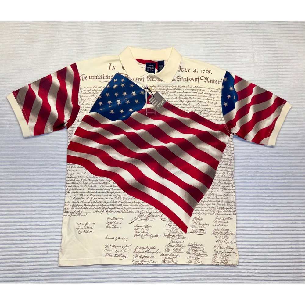 NWT Cotton Traders L American Flag Declaration of Independence Patriotic Polo